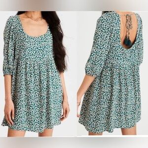 American Eagle Outfitters Floral Puff Sleeve Mini Dress - Green and Cream Size S